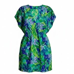 Lauren Ralph Lauren Womens 1X Tropical Leaf Print V-Neck cover up  Green Blue